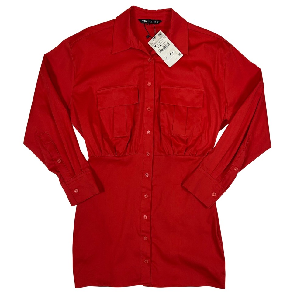Zara Women Red Long Sleeve Button Down Utility Mini Shirt Dress Size M 8342/811